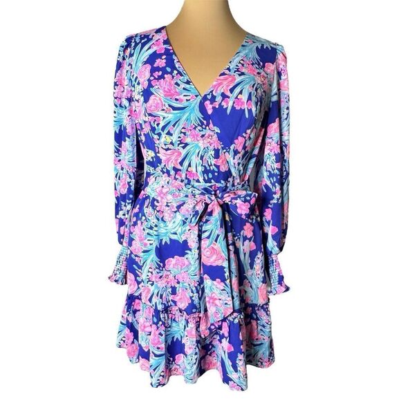 Lilly Pulitzer Sz 8 Rosie Stretch Dress Womens Navy Turquoise Pink Belted NICE - Picture 1 of 16